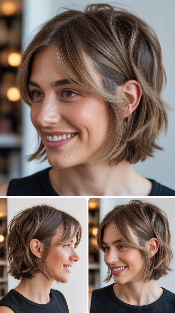 36 Medium-Length Hairstyles with Bangs for Thin Hair That Add Volume 3 Textured Lob with Side-Swept Bangs