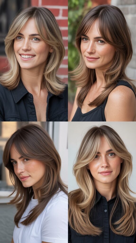 36 Medium-Length Hairstyles with Bangs for Thin Hair That Add Volume 19 Layered Collarbone Cut with Side-Swept Fringe