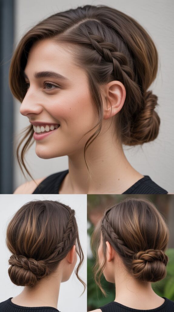 Braided Low Bun with Asymmetrical Bangs