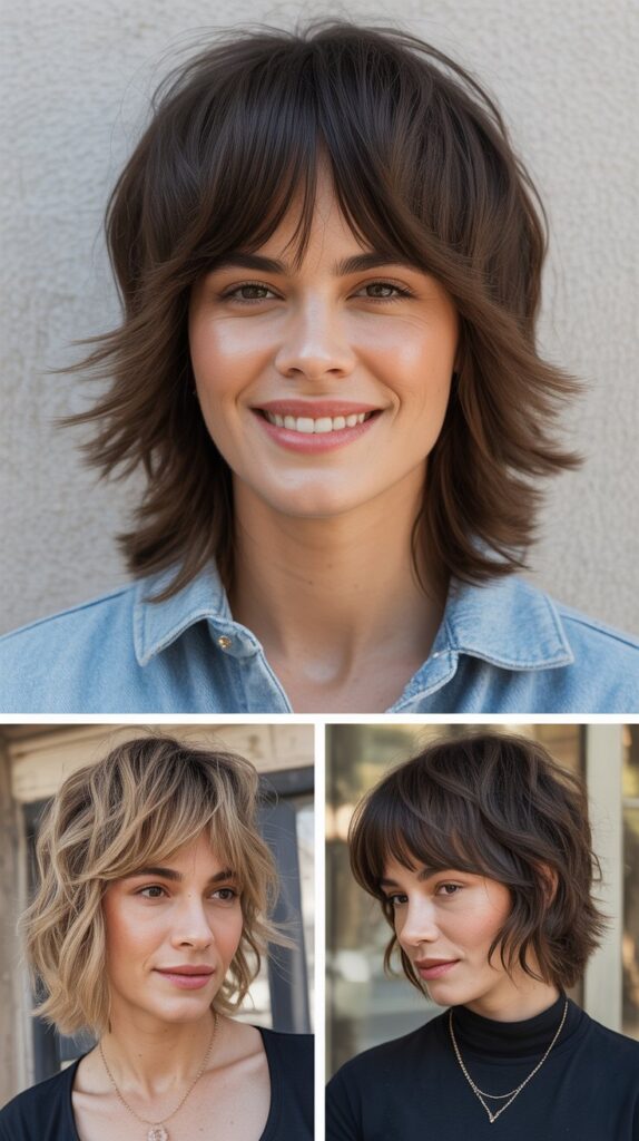 36 Medium-Length Hairstyles with Bangs for Thin Hair That Add Volume 16 Textured Shag with Long Bangs