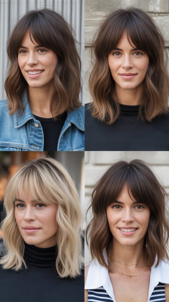 36 Medium-Length Hairstyles with Bangs for Thin Hair That Add Volume 31 Messy Lob with Full Bangs