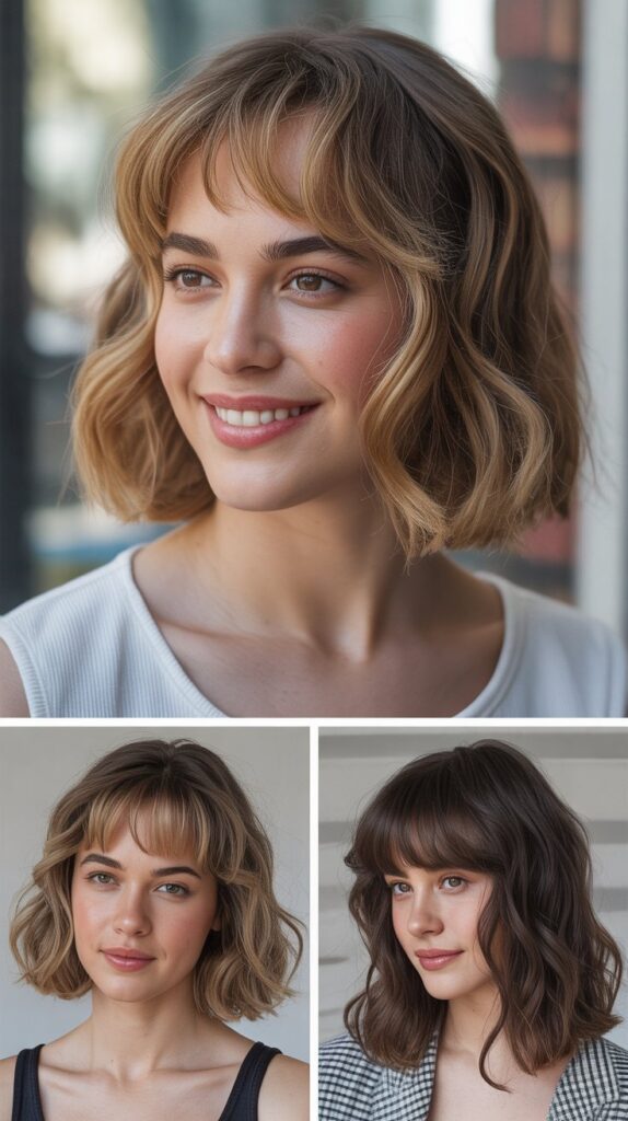 36 Medium-Length Hairstyles with Bangs for Thin Hair That Add Volume 22 Wavy Lob with Arched Fringe