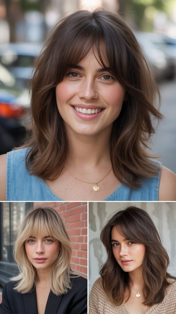 36 Medium-Length Hairstyles with Bangs for Thin Hair That Add Volume 26 Feathered Lob with Curtain Fringe