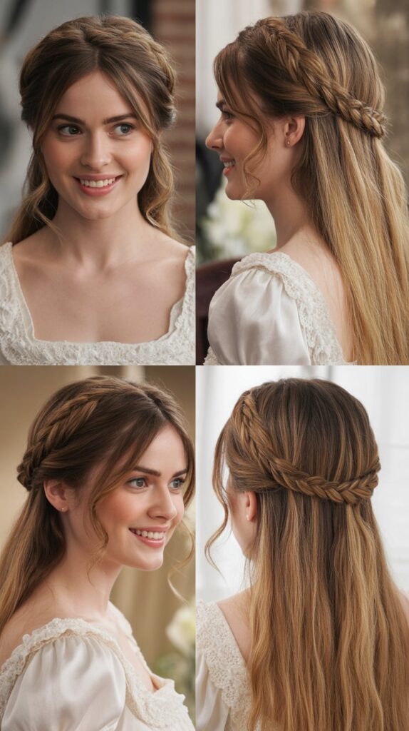 Half-Up Braided Crown with Long Side Bangs