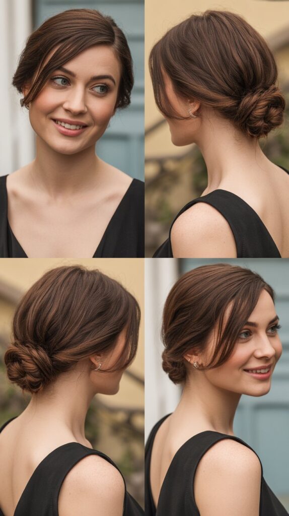 Side-Swept Low Chignon with Long Side Bangs