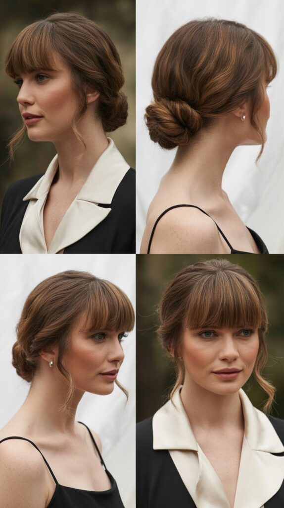 Low Twisted Chignon with Curtain Bangs