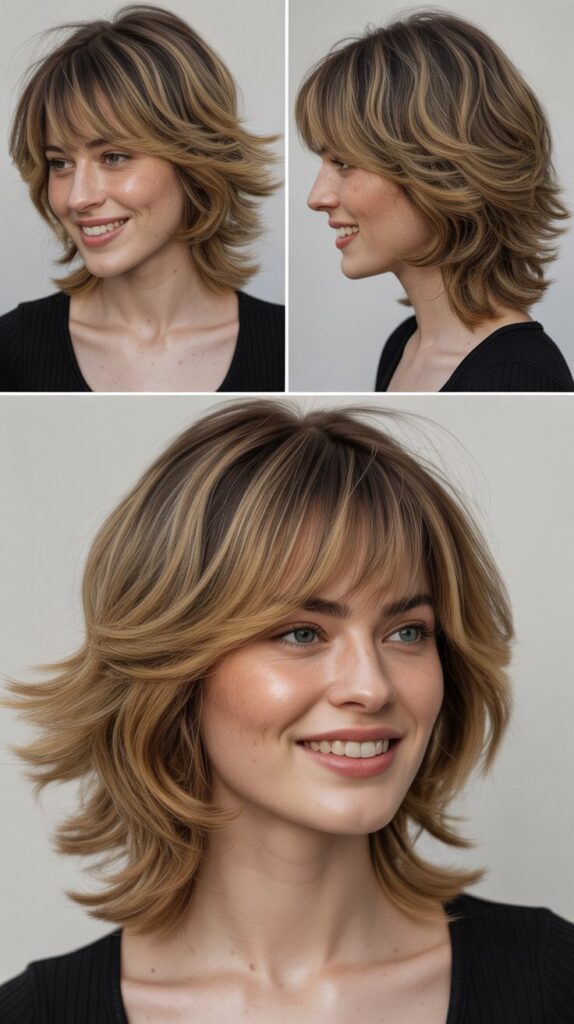 36 Medium-Length Hairstyles with Bangs for Thin Hair That Add Volume 4 Feathered Layers with Wispy Bangs