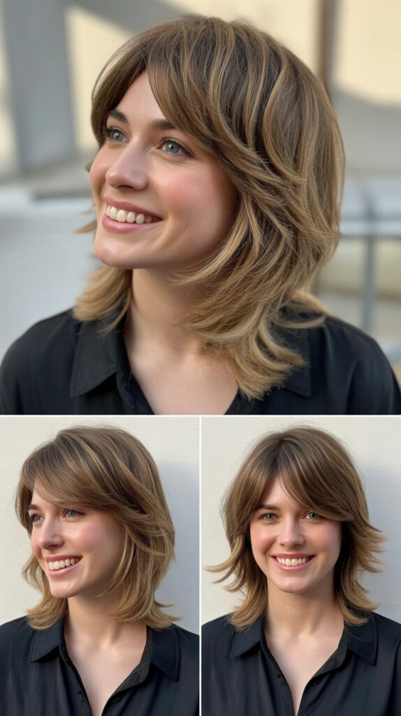 36 Medium-Length Hairstyles with Bangs for Thin Hair That Add Volume 32 Layered Midi with Side-Swept Bangs