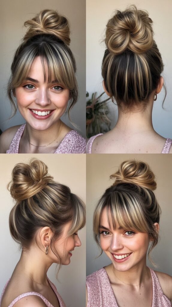 Double Twisted Bun with Curtain Bangs