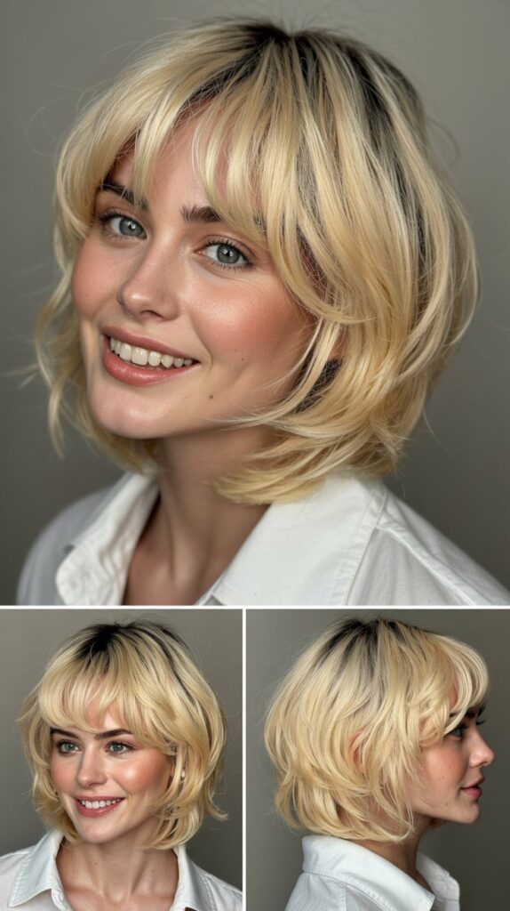 Baby Bangs with Buttery Blonde Graduated Layers