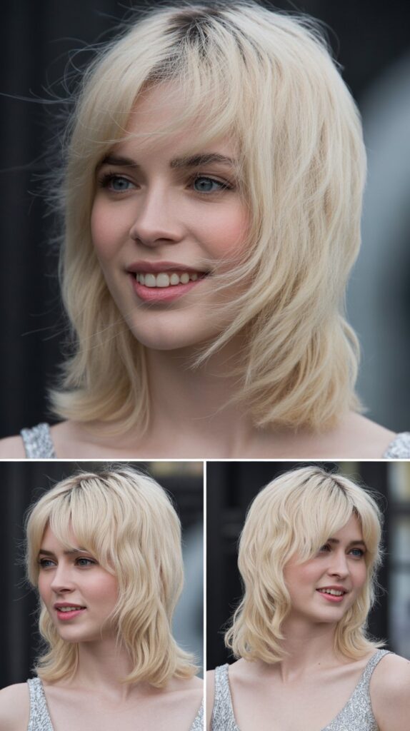 Medium-Length Icy Blonde Hair with Dramatic Side Bangs