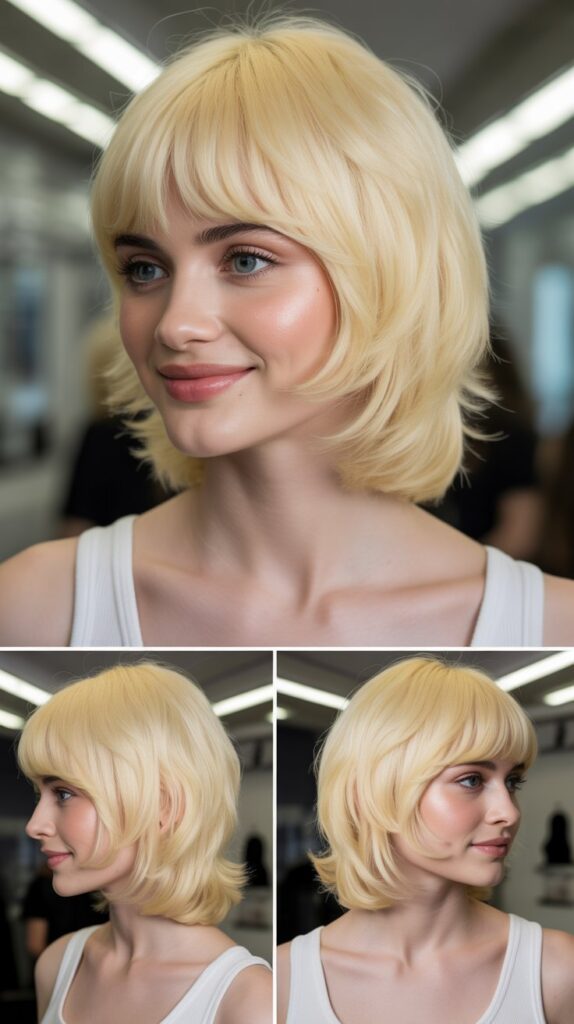 Full Bangs with Pale Lemon Blonde A-Line Layers