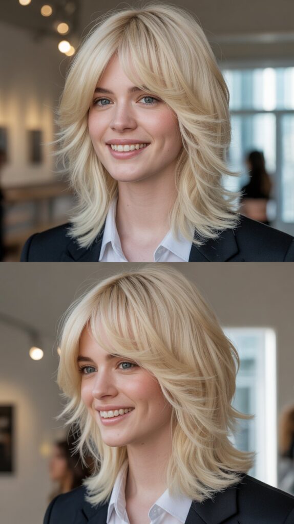 Asymmetrical Bangs with Pearl Blonde Thinned Layers