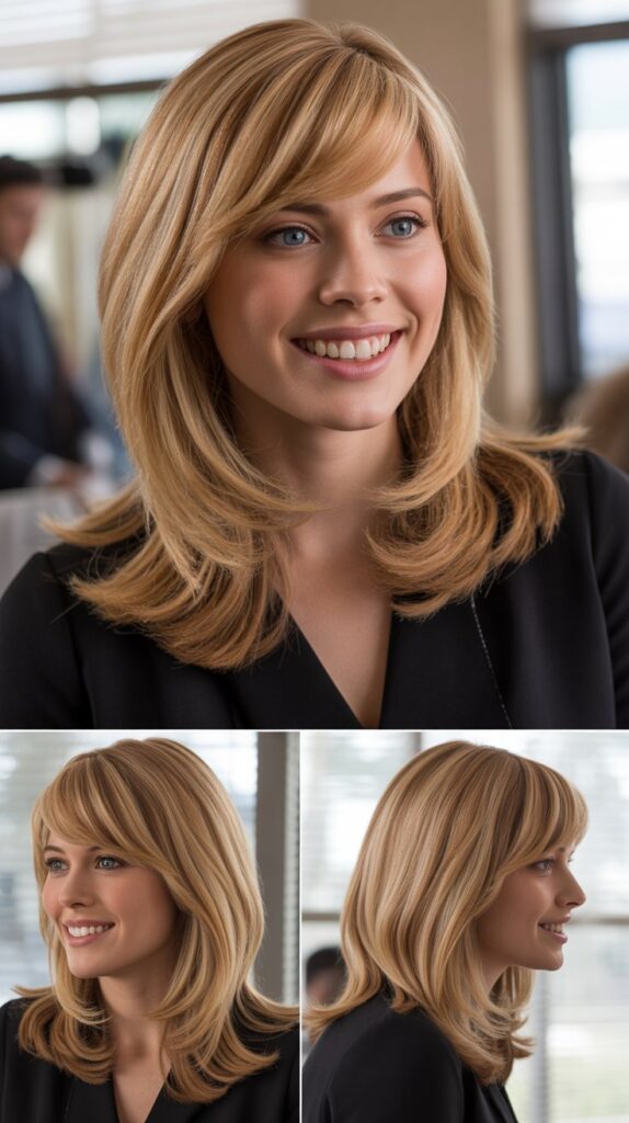 Side-Swept Bangs with Honey Butter Blonde Graduated Layers