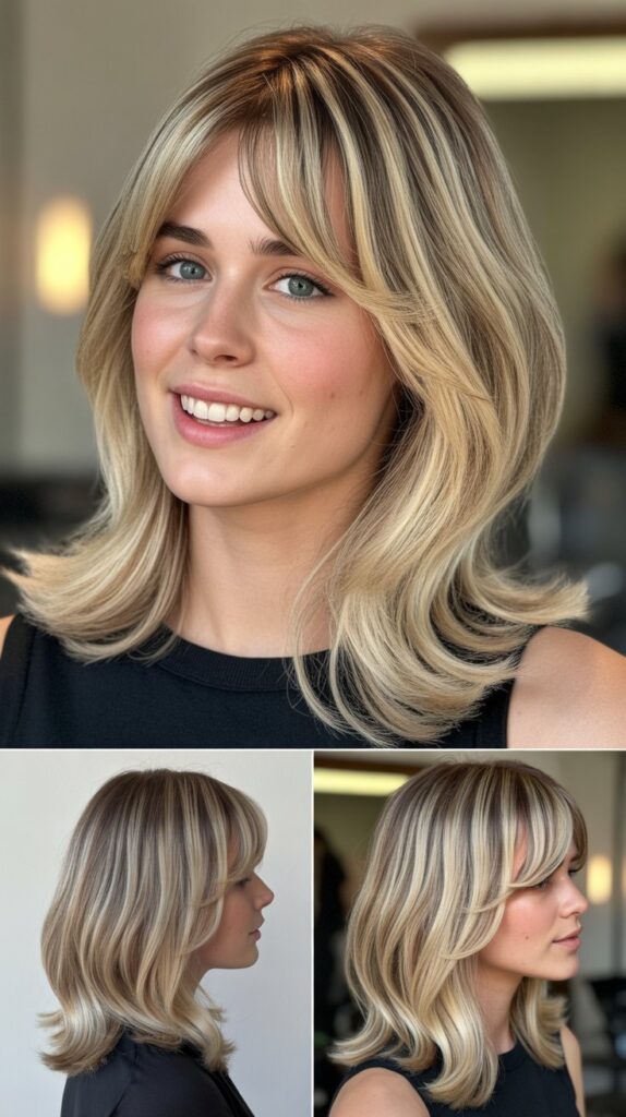 Medium-Length Blonde Hair with Side Bangs and Lowlights