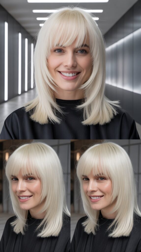 Blunt Bangs with Icy White Blonde Precision Layers