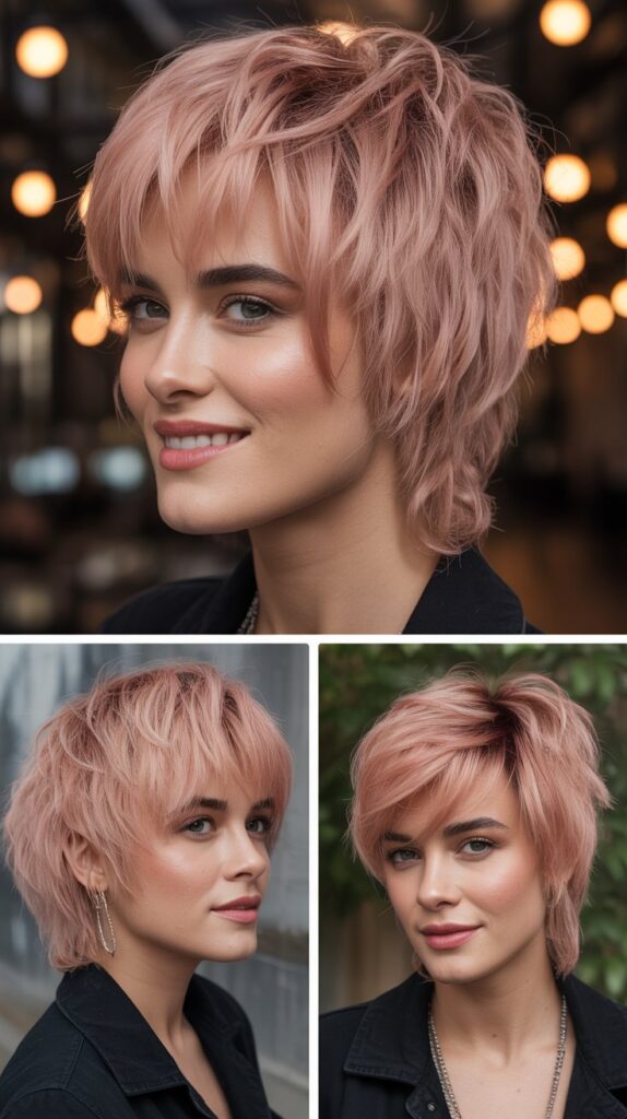 Choppy Fringe with Rose Gold Blonde Feathered Shag