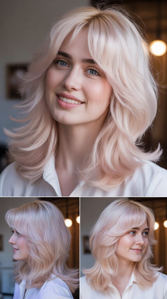 Long Sweeping Bangs with Platinum Rose Blonde Cascading Layers