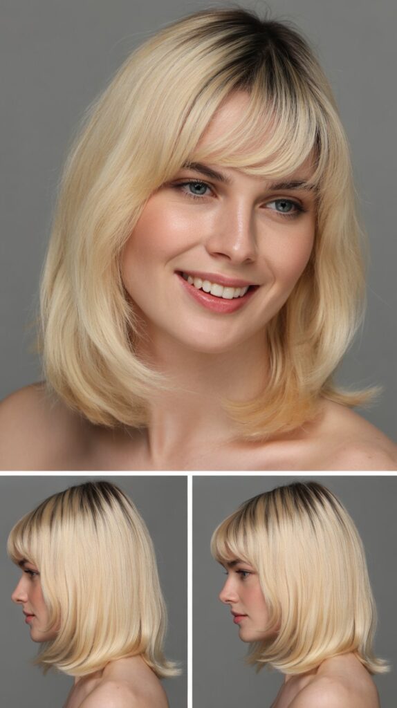 Medium-Length Blonde Hair with Side Bangs and Glossy Finish
