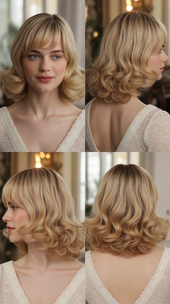 Medium-Length Blonde Hair with Side Bangs and Soft Curls