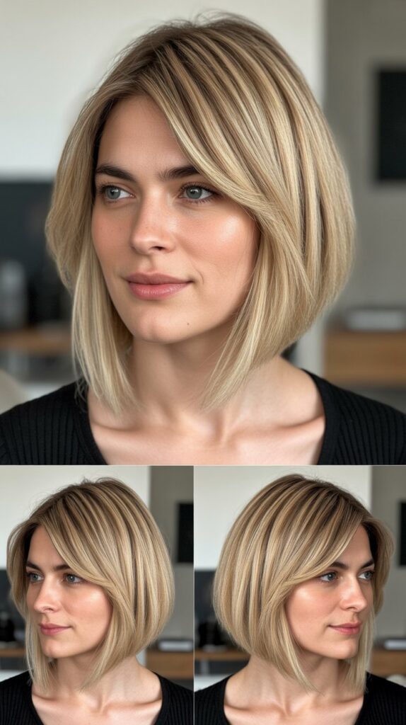 Medium Blonde Lob with Diagonal Side Bangs