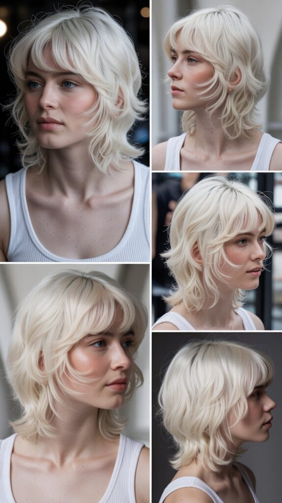 Wispy Bangs with Platinum Blonde Choppy Layers