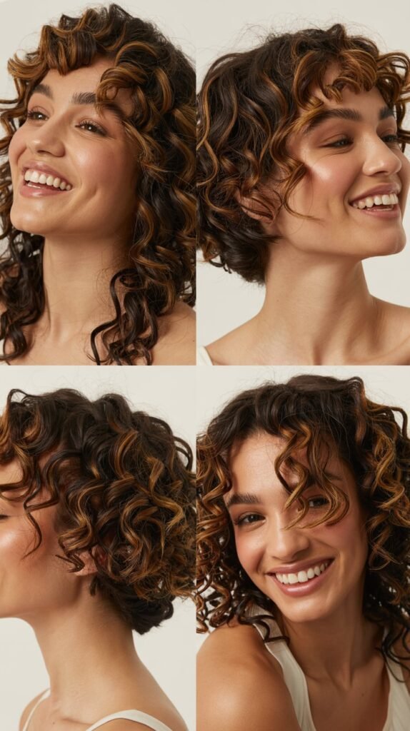 Cognac Highlights on Dark Brown Curls