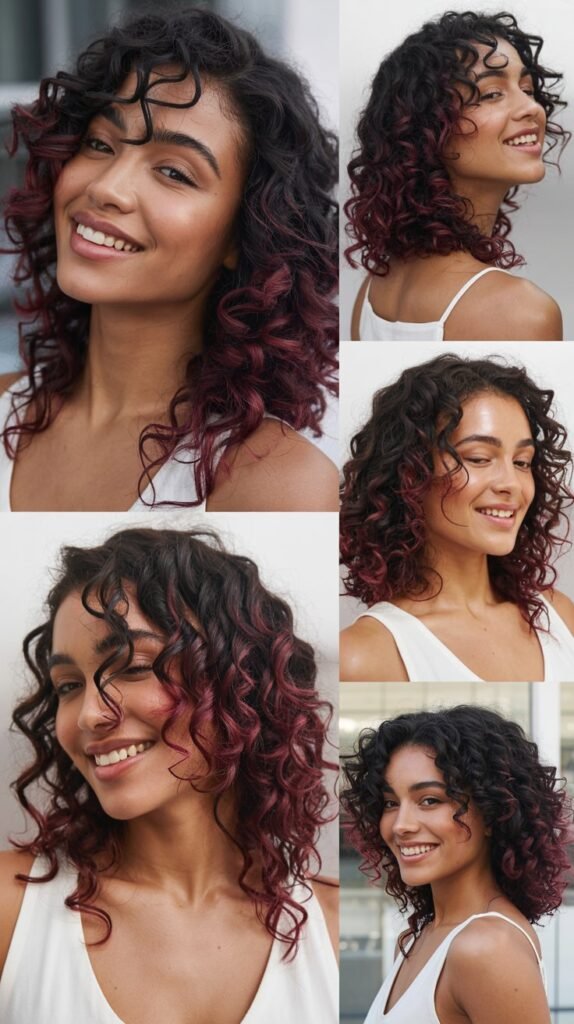 Burgundy Ombre on Black Curls