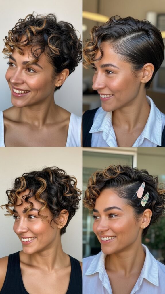 Caramel Highlights on Tight Curly Pixie Cut