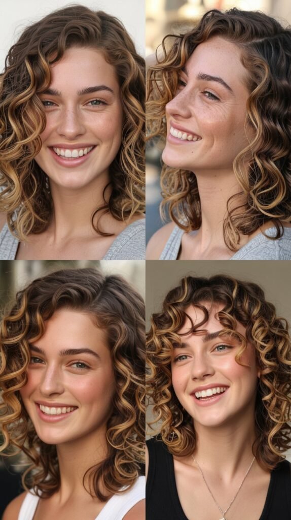 Toffee Balayage with Curly Lob and Side Part