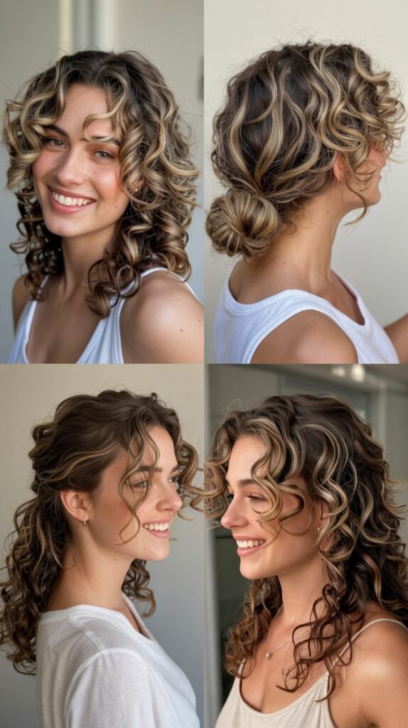Vanilla Blonde Highlights on Medium Brown Curls