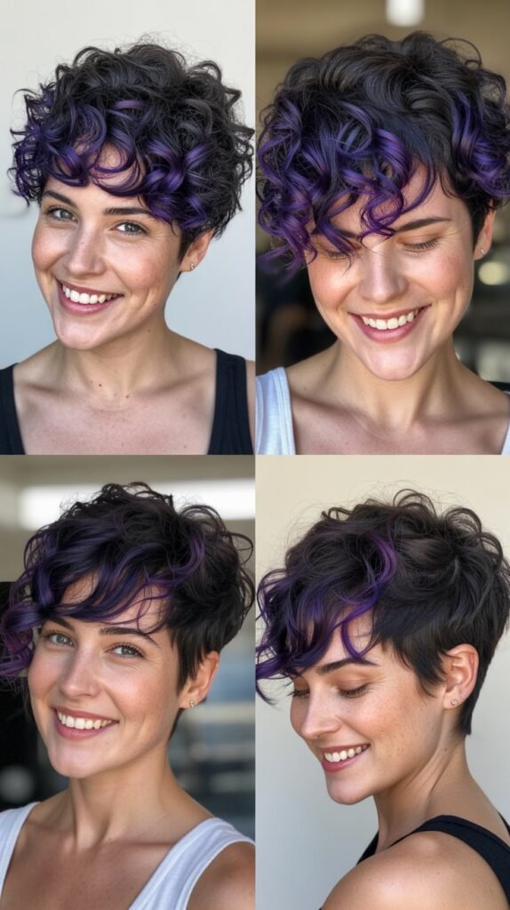 Midnight Purple Highlights on Tight Curly Pixie