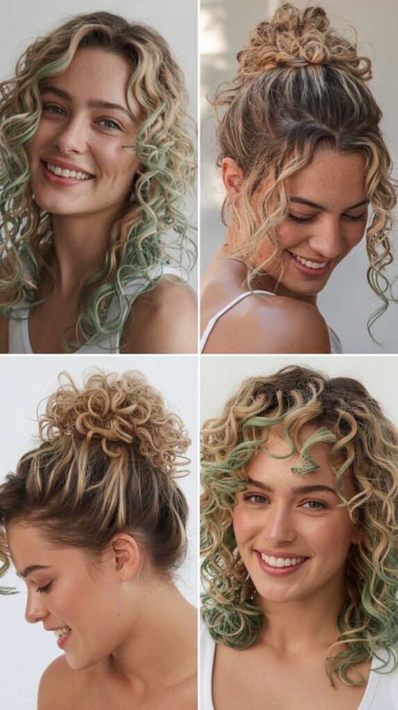 Mint Green Highlights on Blonde Curls