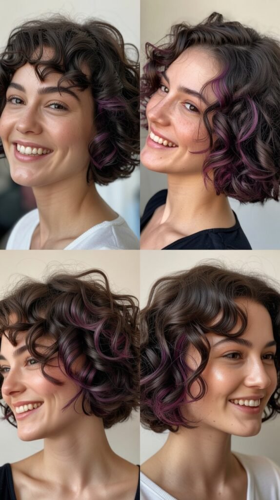 Violet Undertone Highlights on Curly Bob