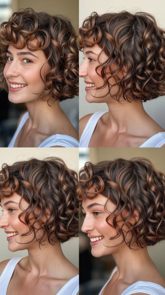 Chestnut Highlights on Short Curly Bob