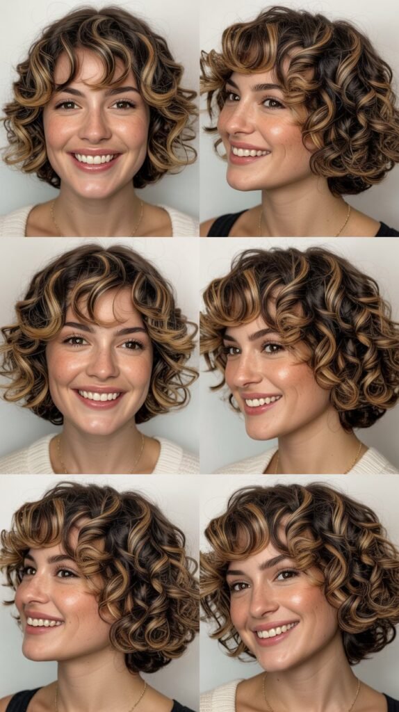 Golden Highlights on Curly French Bob
