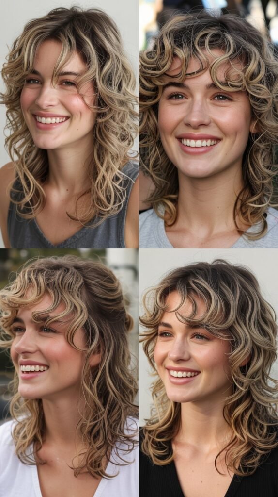 Vanilla Blonde Highlights with Layered Curly Mullet
