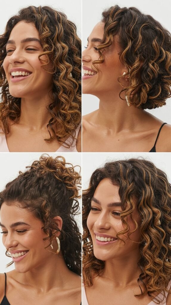 Golden Caramel Highlights on Medium Brown Curls