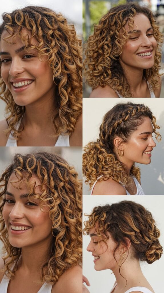 Golden Blonde Highlights on Medium Brown Curls