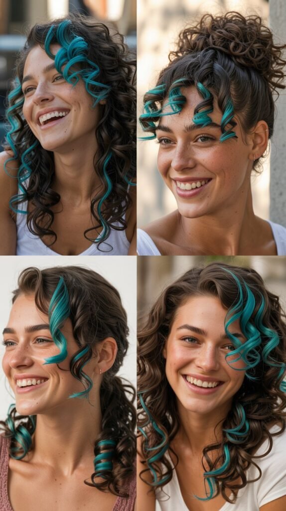 Turquoise Highlights on Dark Brown Curls