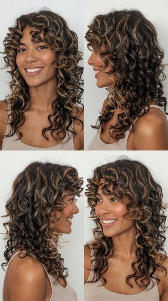 Mocha Highlights with Long Layered Curls and Middle Part