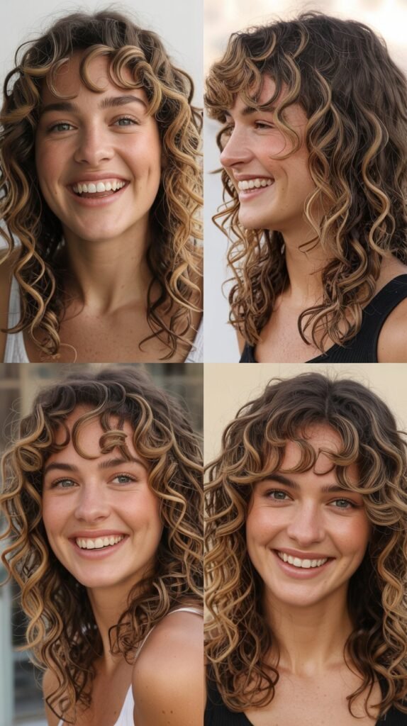 Honey Highlights with Curly Curtain Bangs and Layers