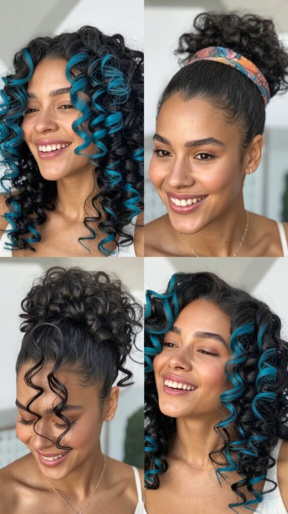 Electric Blue Highlights on Black Curls