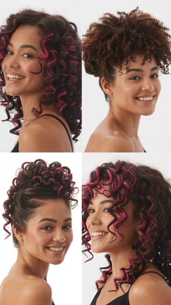 Magenta Highlights on Dark Brown Curls