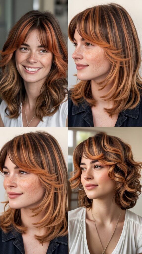  Copper Highlights with Face-Framing Layers and Side Bangs