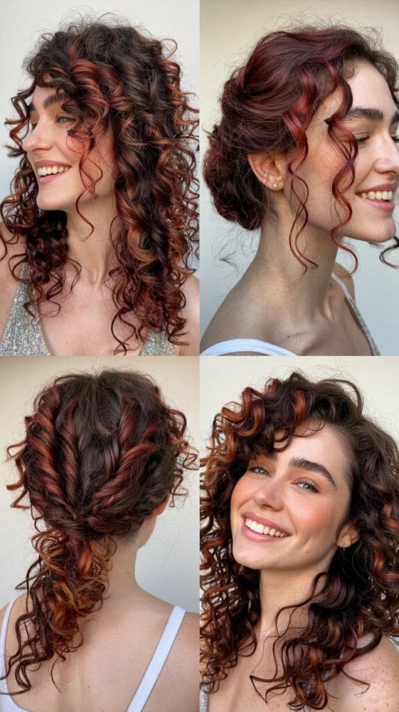 Burgundy and Copper Highlights on Brown Curls