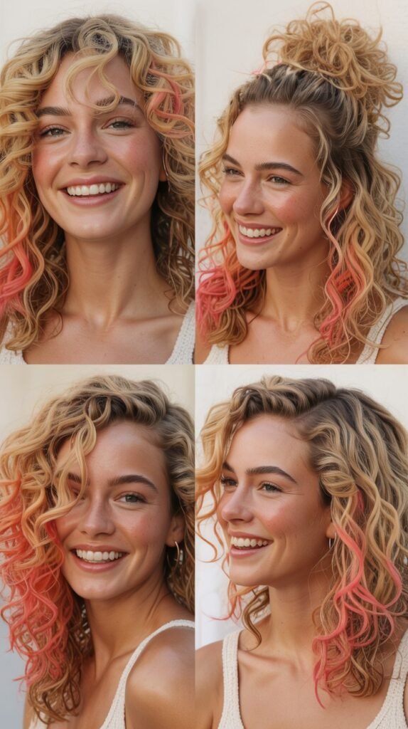 Coral Highlights on Blonde Curls