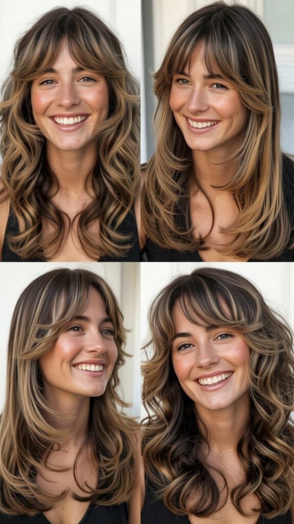 Amber Highlights with Long Layers and Bangs