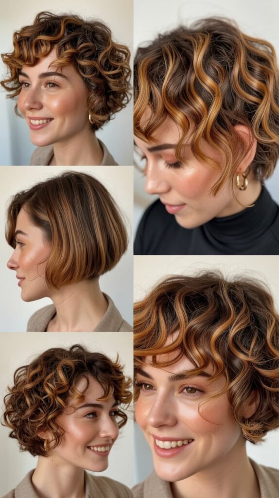 Butterscotch Highlights on Short Curly Layers