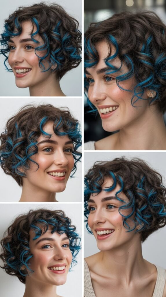 Electric Blue Highlights on Short Curly Bob